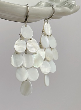 一帘幽梦贝壳耳环拼接水滴长款耳饰夸张流苏设计感耳夹女白贝天然