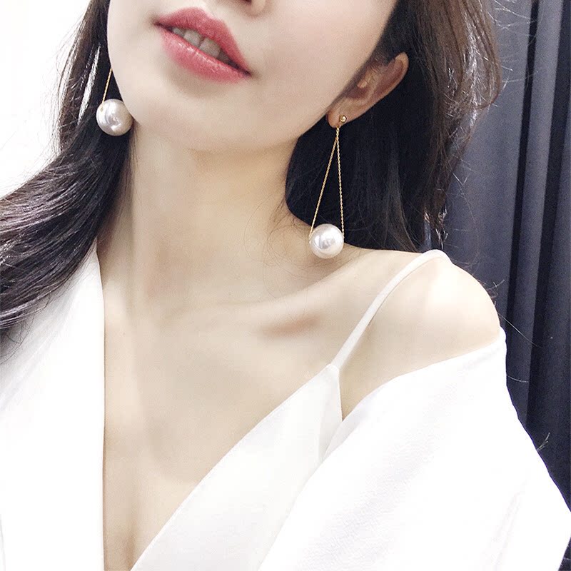 不晚手作悬挂珍珠耳钉高亮贝珠无耳洞耳夹女法风极简气质链条长款
