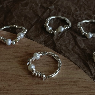 弹力链条设计感戒指天然淡水珍珠串珠拼接高级银色冷淡风适合叠戴