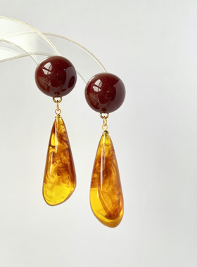 不败美人 复古港风琥珀树脂耳环水滴长款晕染耳饰无耳洞耳夹百搭