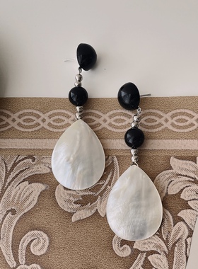 黑玛瑙蝶贝 银针手工串珠长款耳环高级感复古新中式水滴椭圆耳坠
