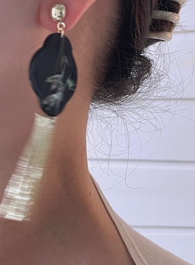 月下疏影贝壳螺钿工艺黑色耳环新中式国风流苏重工长耳夹竹叶炫彩