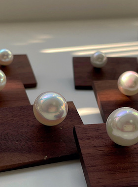 人手一对正圆珍珠纯银耳钉ins博主fever同款施家强光炫彩复古耳夹