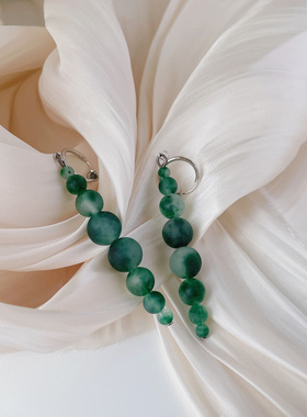 生如夏花绿色晕染串珠耳环碧玉石一字长款磨砂天然石圆珠耳饰耳夹