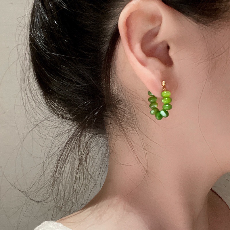 绿色猫眼石复古小众贝珠串耳环