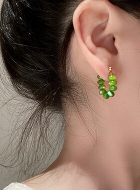 翡冷翠绿色猫眼石串耳环清新优雅百搭耳饰无痛蚊香盘耳夹小众高级