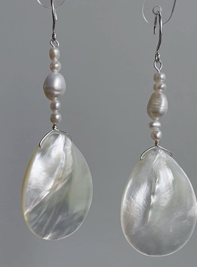 白蝶贝银针手工串珍珠长款耳环高级感新中式水滴椭圆耳坠原创设计