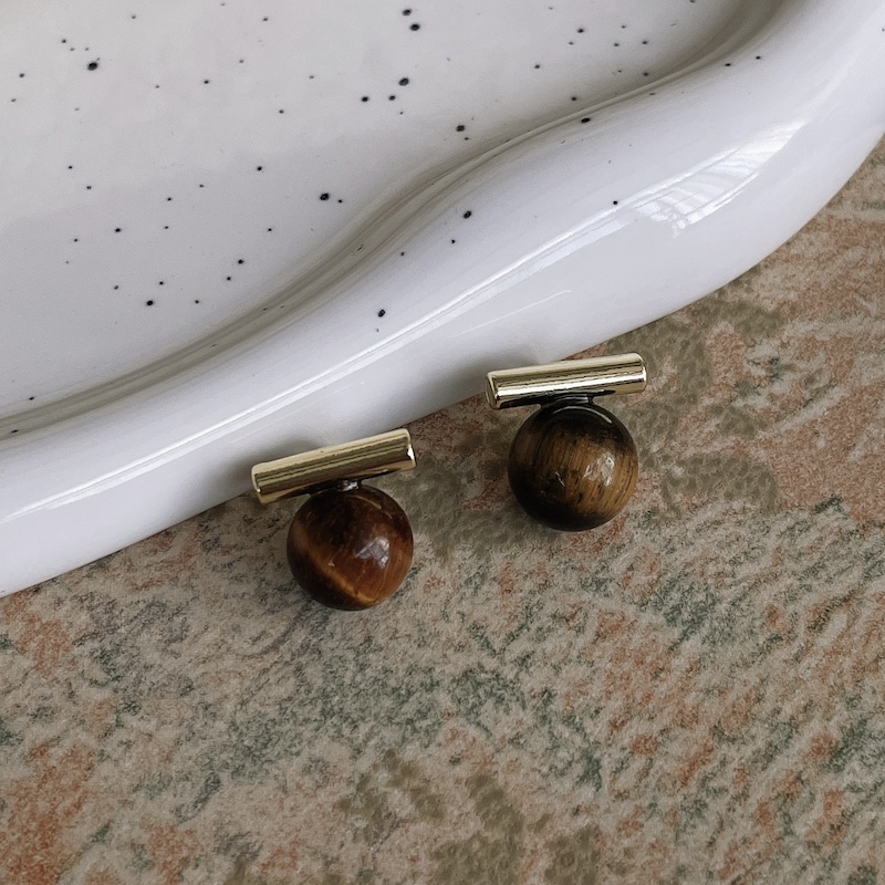 平衡木虎睛石几何极简圆球耳钉
