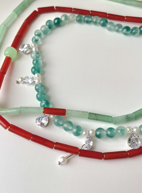 竹林深处 新中式撞色竹节项链绿色玉石锆石原创设计锁骨链红玛瑙