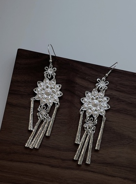 木兰复古仿苗银民族镀银耳环新中式国风耳饰小众长款流苏夸张耳夹