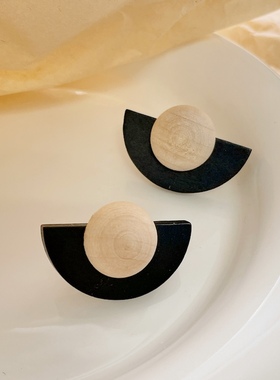 小半 木质秋冬复古高级感s925银耳钉简约小众ins韩国耳夹黑色耳饰