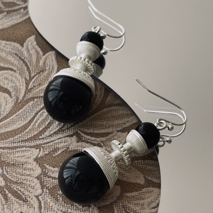 清冷美人中古复古拼接彝族银饰高级感耳环耳夹新中式黑玛瑙耳环