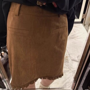 美拉德棕色复古鹿皮绒半身裙梨形身材女秋木耳边显瘦百搭直筒中裙