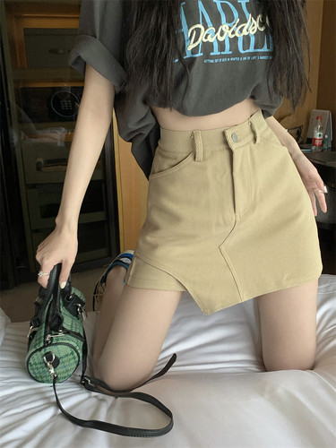 复古卡其色工装半身裙女春夏大码辣妹不规则A字包臀显瘦短裙裙裤