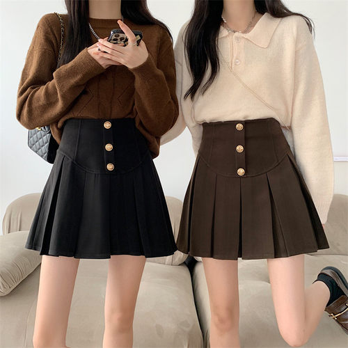 大码黑色毛呢半身裙秋冬高腰设计感百褶裙胖mm遮胯显瘦A字短裙子