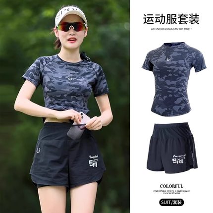 专业跑步运动速干上衣女套装短袖训练短裤t恤修身透气健身显瘦