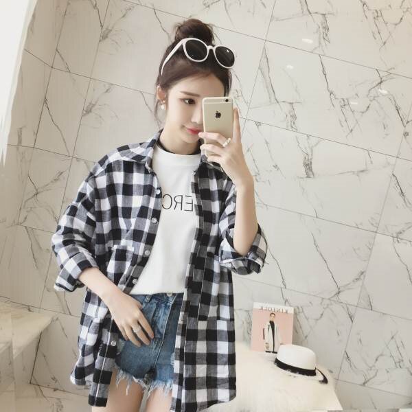 2018韩版秋季女装新款黑白格子衬衫女长袖宽松衬衣学生防晒外套潮|msdalam kategori Butik wanita / wanita, shirt - dari Buy2taobao.com untuk memberikan perkhidmatan ejen Taobao profesional membeli