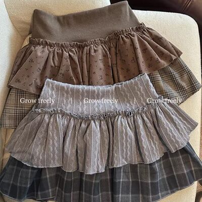 Grow freely 辣妹碎花格纹蓬蓬蛋糕短裙秋冬高腰A字双层半身裙女