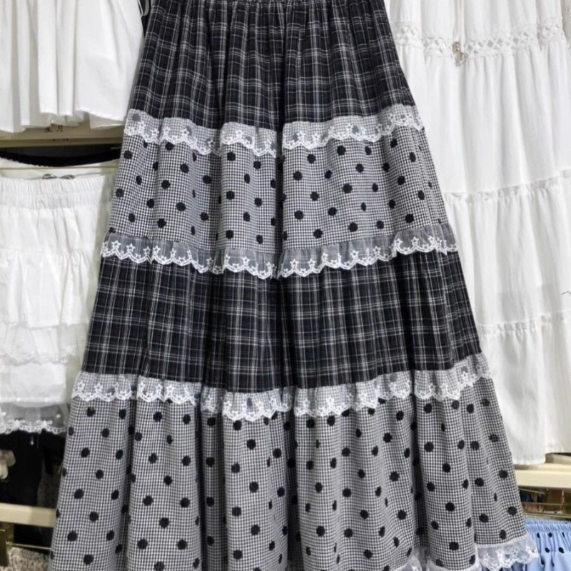 韩系多层花边格子拼接半身裙女夏季新款复古宽松百搭大摆裙中长裙,女装/女士精品,半身裙,淘宝优惠券,粉丝福利购,淘宝优惠卷