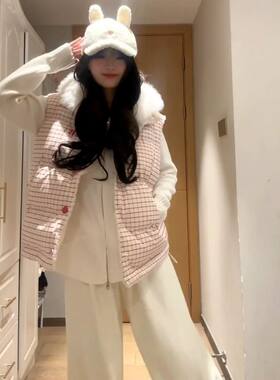 2025秋冬学院风甜美减龄设计感加厚保暖双面穿格纹棉服马甲女学生
