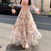 重工拼接印花网纱蛋糕裙半身裙女夏季 显瘦裙子长裙半裙伞裙 新款