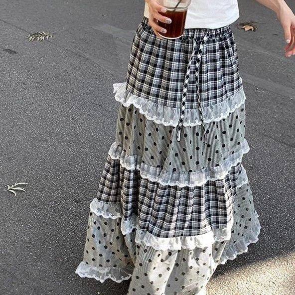 法式花边拼接格纹格子蕾丝蛋糕长裙2025新款设计复古经典半身裙,女装/女士精品,半身裙,淘宝优惠券,粉丝福利购,淘宝优惠卷