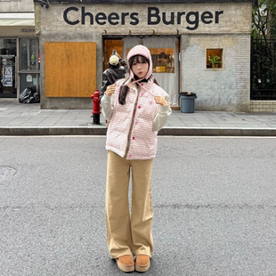 美式潮流涂鸦粉色格纹拼接羊羔毛双面穿马甲冬季女生保暖立领外套