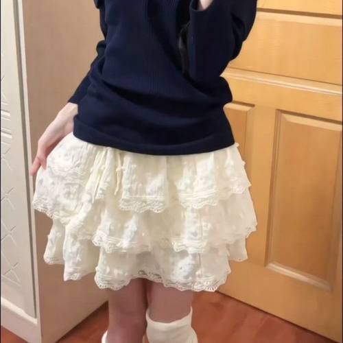 韩系小裙子女重工蕾丝花边拼接蓬蓬蛋糕裙甜美少女风穿搭妇半身裙