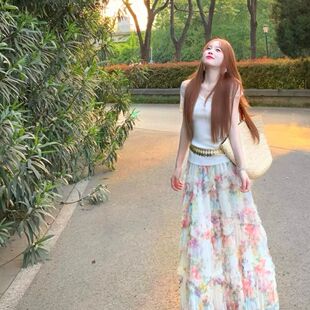 短袖 收腰短款 T恤碎花重工蛋糕半身裙两件套 女新款 夏日绝美小套装