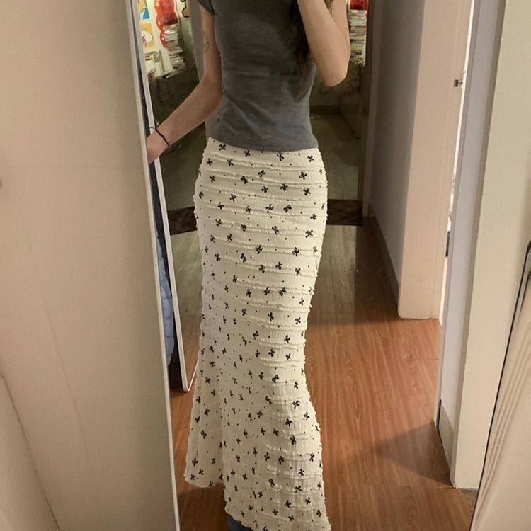 韩系白色夏季度假蝴蝶结印花蕾丝高腰碎花鱼尾半身裙长裙显瘦裙子,女装/女士精品,半身裙,淘宝优惠券,粉丝福利购,淘宝优惠卷