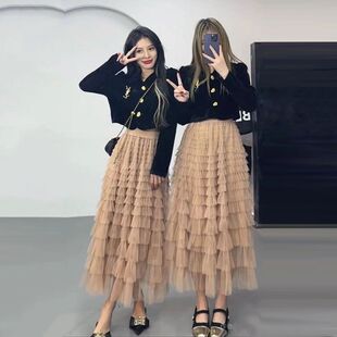 快手网红窦哥网纱半身裙女高腰仙女高腰网纱蛋糕春夏半身裙两件套