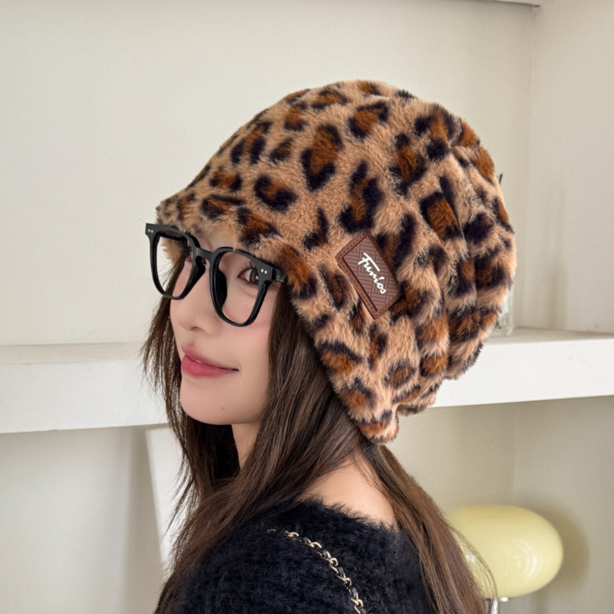 豹纹毛绒堆堆帽子时尚韩版头巾帽显脸小月子包头帽秋冬保暖帽