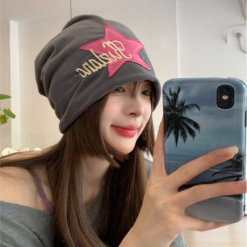 美式复古五角星贴布堆堆帽子女街头休闲显脸小套头包头冷帽月子帽