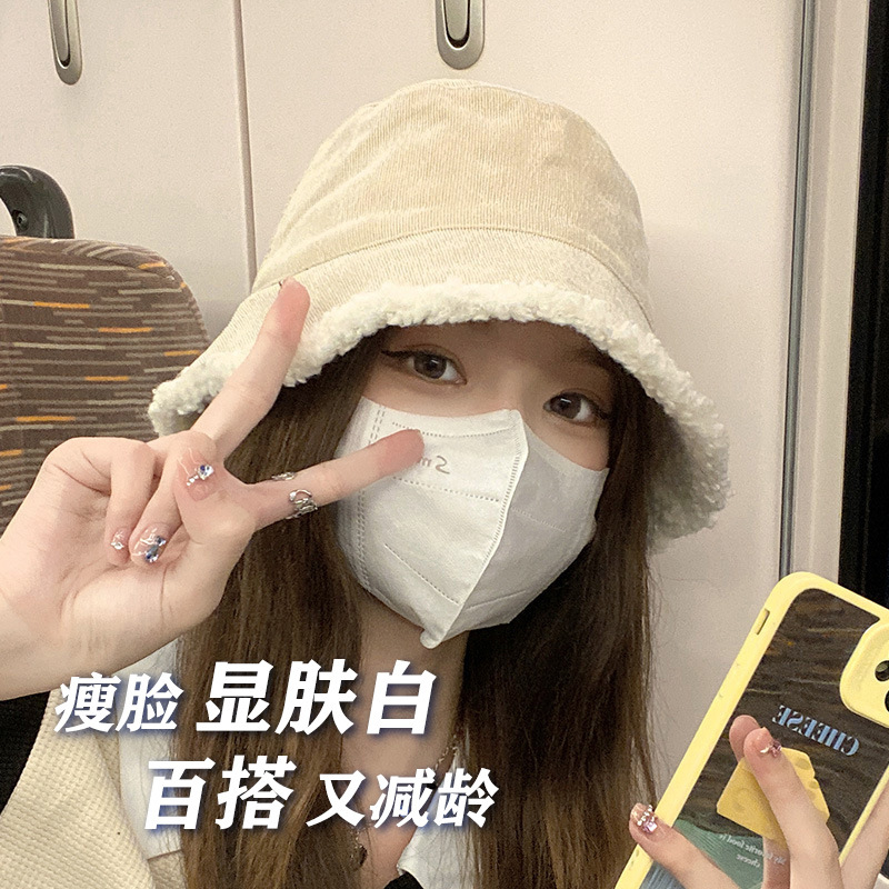 双面可戴渔夫帽女秋冬季新款羊羔毛帽子显脸小保暖毛绒盆帽月子帽