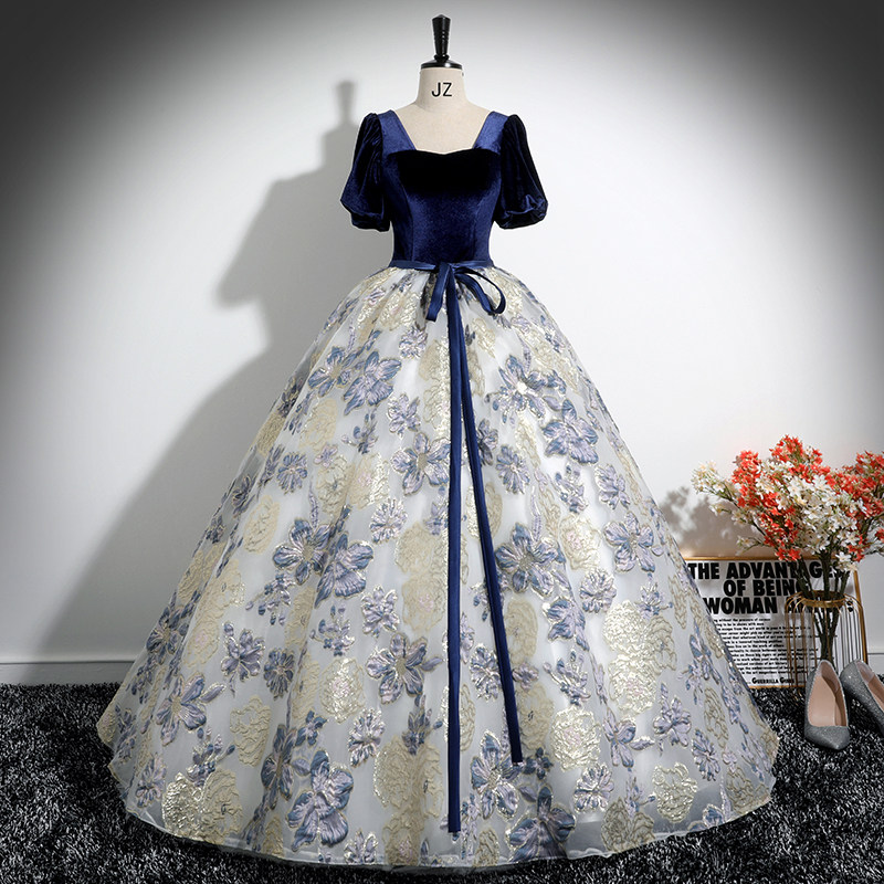 气质公主裙长款泡泡袖提花纱礼服