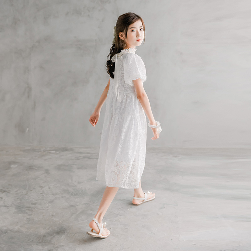 女童公主裙夏季2025新款儿童韩版洋气一字领雷丝连衣裙珍珠蕾丝