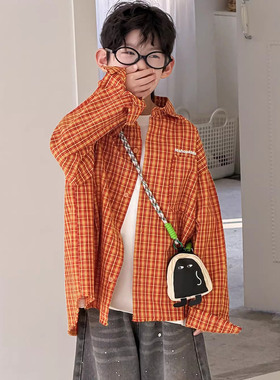 男童衬衫儿童春季韩版2026新款潮牌橙色格子翻领衬衣上衣3-15岁