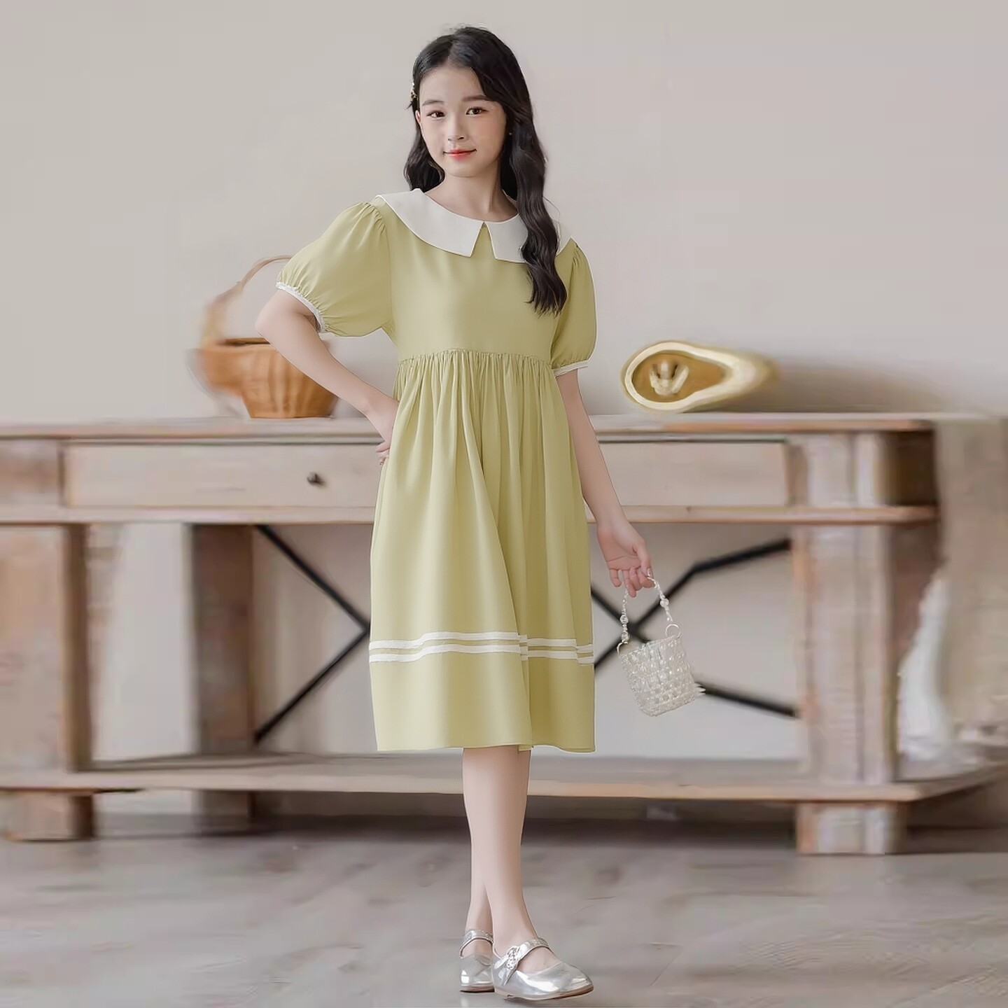 2026夏装女童娃娃裙连衣裙森系女孩娃娃领姜黄色女大童夏天裙子