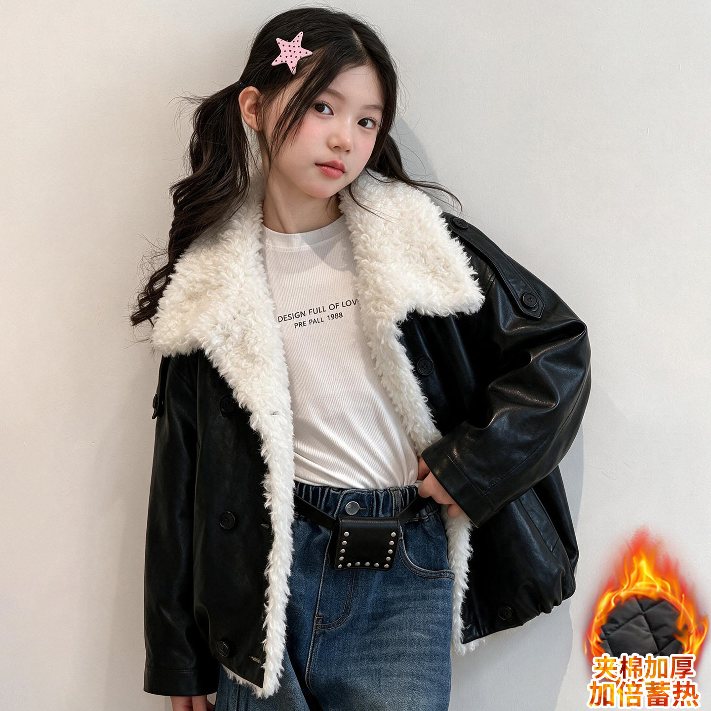 女童冬装羊羔毛加厚皮衣外套2026新款女孩韩系时尚翻领仿皮草夹克