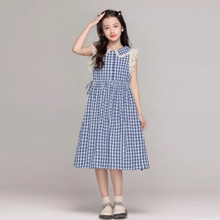 2026夏季女童娃娃领格子连衣裙中大童小飞袖拼接首要小清新长裙