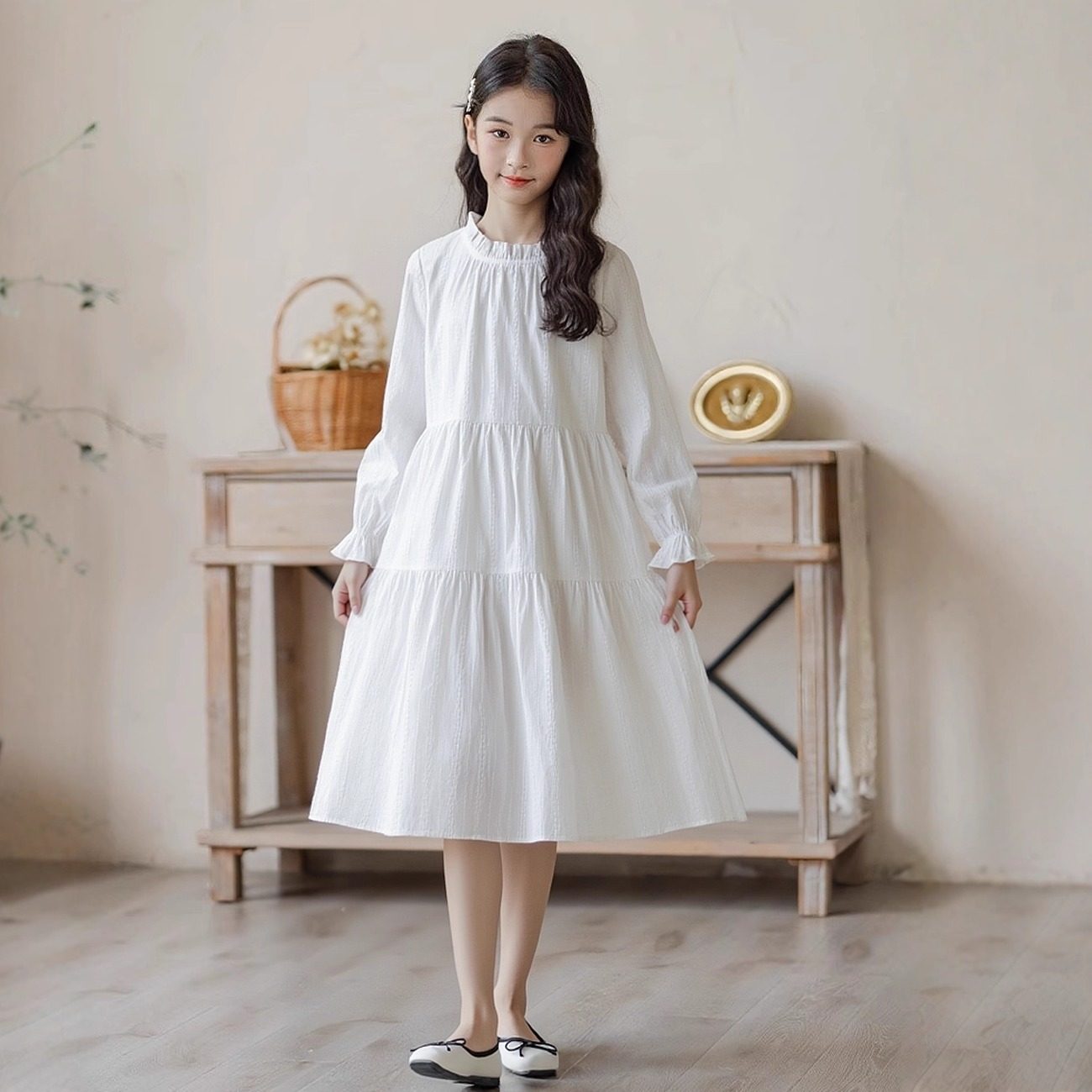 2026冬季新款花边领女童白色提花连衣裙加绒喇叭袖宽松大摆蛋糕裙,童装/婴儿装/亲子装,连衣裙,淘宝优惠券,粉丝福利购,淘宝优惠卷
