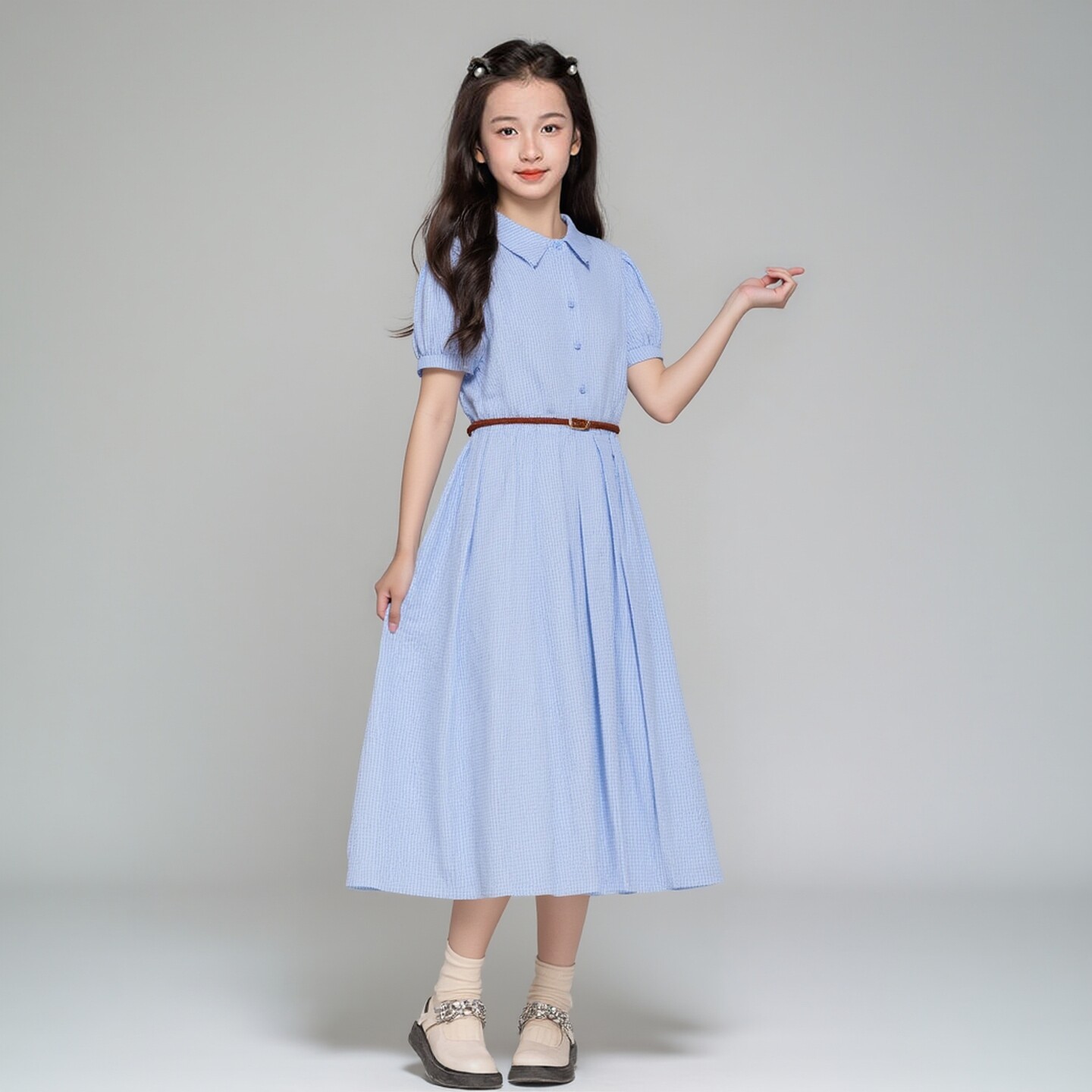 中大童女童连衣裙夏季衬衫领泡泡袖连衣裙蓝色格子小女孩童装长裙