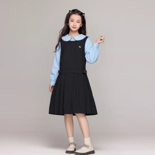 2026春季新款女童套装娃娃领棉蓝色衬衫+圆领竖条纹背心裙两件套