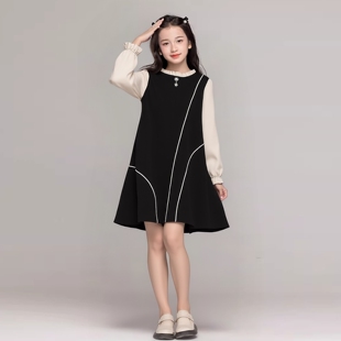 女童春季连衣裙假两件撞色木耳边2026韩版高级感大童长袖裙子洋气