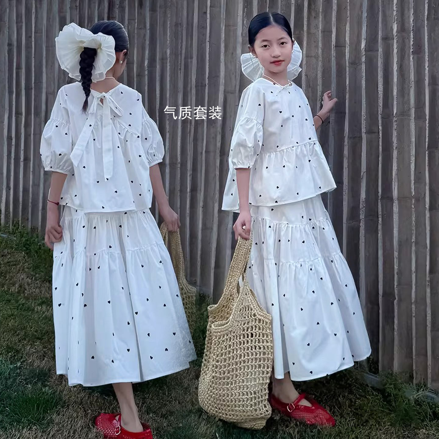 2026夏新款女童圆领泡泡袖波点棉质娃娃衫+半身裙两件套度假套装