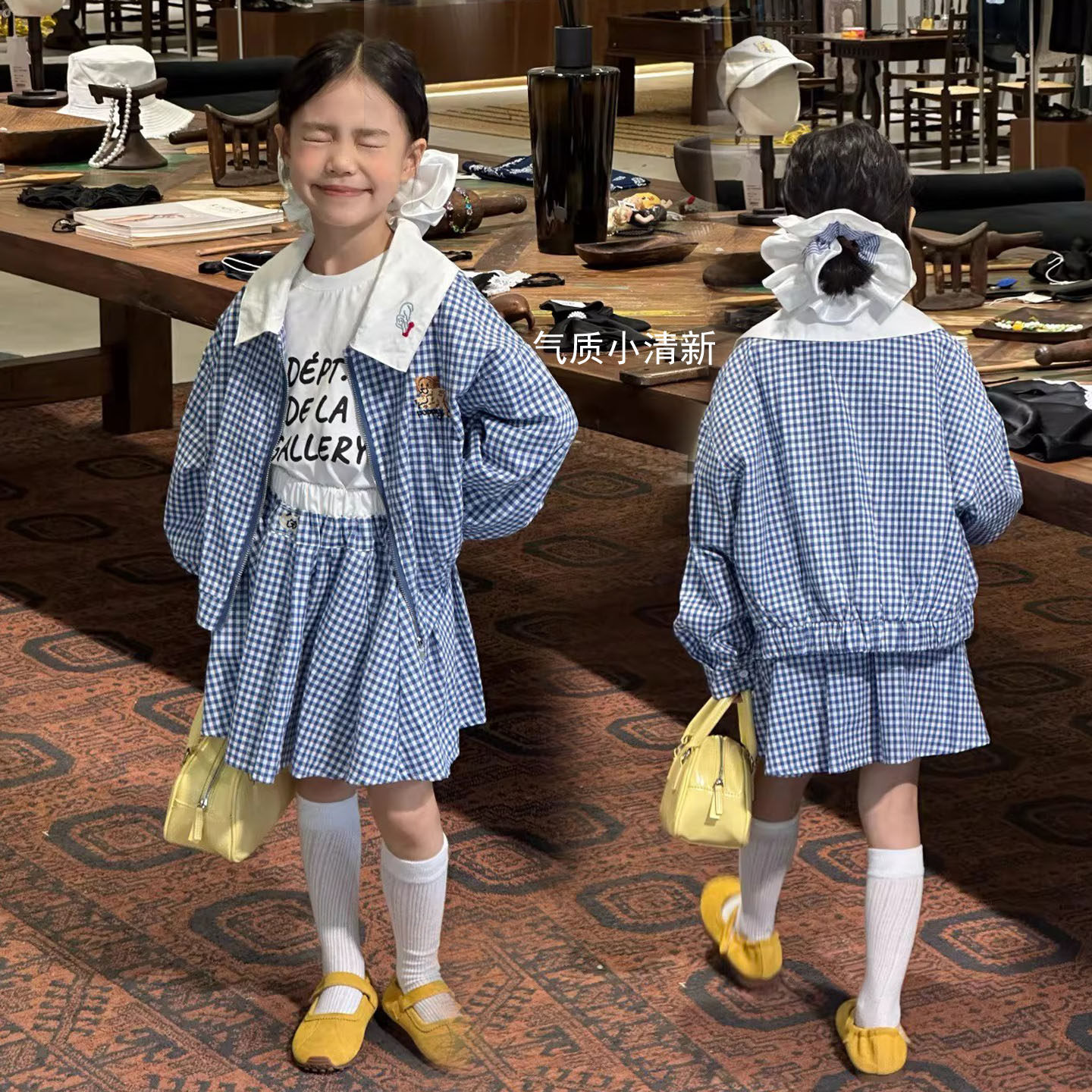 2026春季新款女童翻领蓝色格子外套+百褶半身裙两件套小清新套装