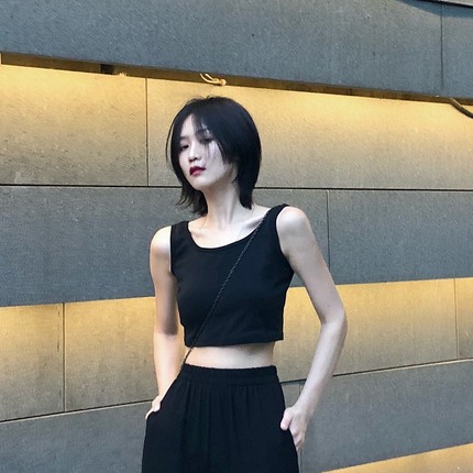 夏季弹力纯棉双U领短款小背心女露脐吊带修身运动外穿裹胸打底衫