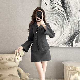 轻熟风粗花呢职业套装 气质名媛短外套半身裙两件套小个子 女秋冬季