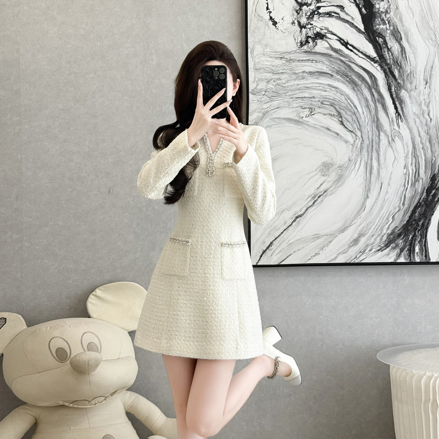 法式小香风重工钉珠连衣裙女高级感气质收腰显瘦千金风粗花呢短裙,女装/女士精品,连衣裙,淘宝优惠券,粉丝福利购,淘宝优惠卷