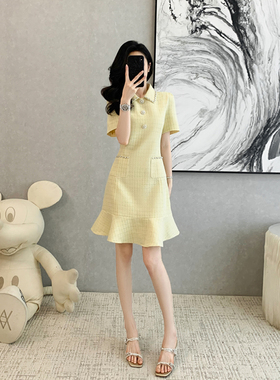 法式小香风黄色短袖连衣裙女夏季新款气质修身显瘦减龄a字短裙子